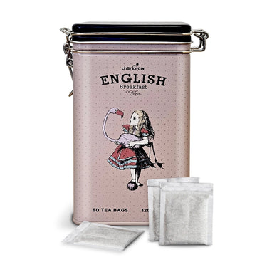 blik English Breakfast Tea roze op witte achtergrond met losse theezakjes
