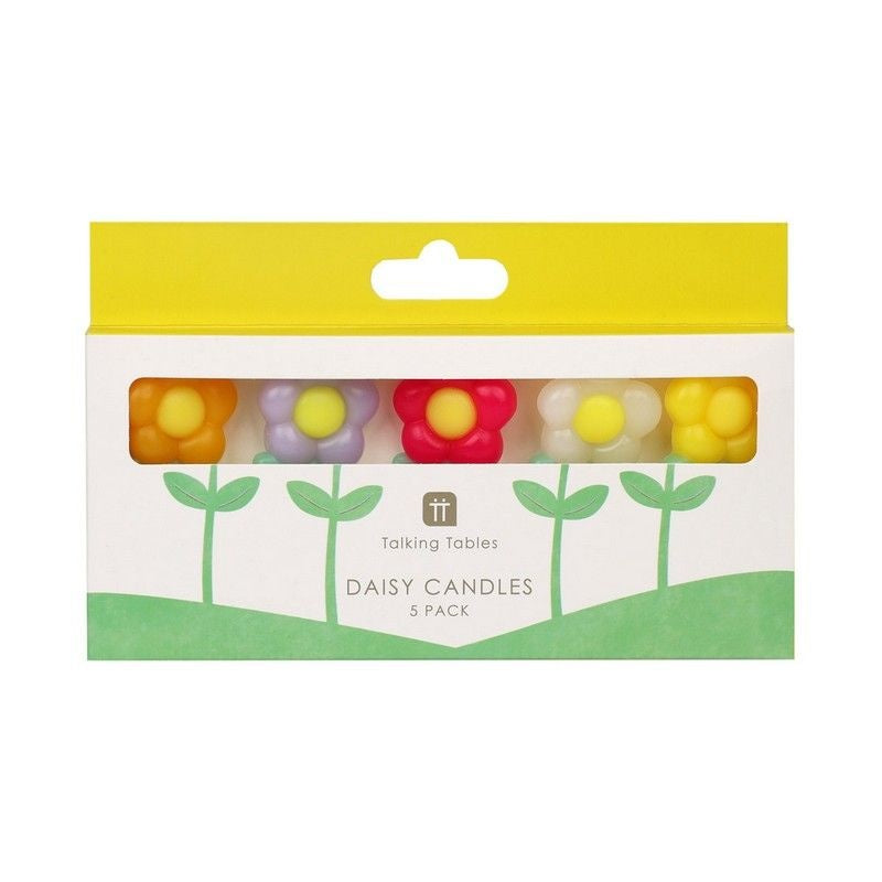 Verpakking met vijf bloemvormige kaarsjes in verschillende kleuren.