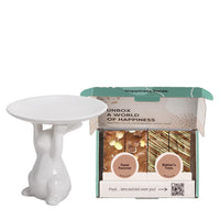 Etagère met haasje met een box met Bakker's Trots Praline Karamel Paasbrownies & Feest Favoriet Paasbrownies