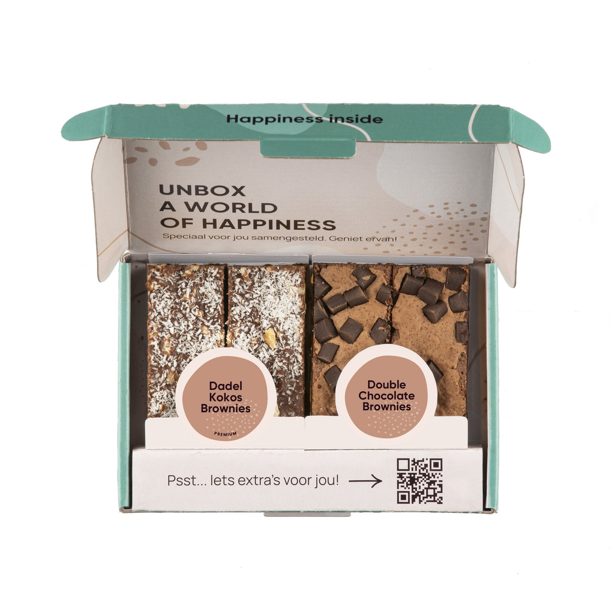 Eid box: twee premium dadel kokos brownies en twee double chocolate brownies