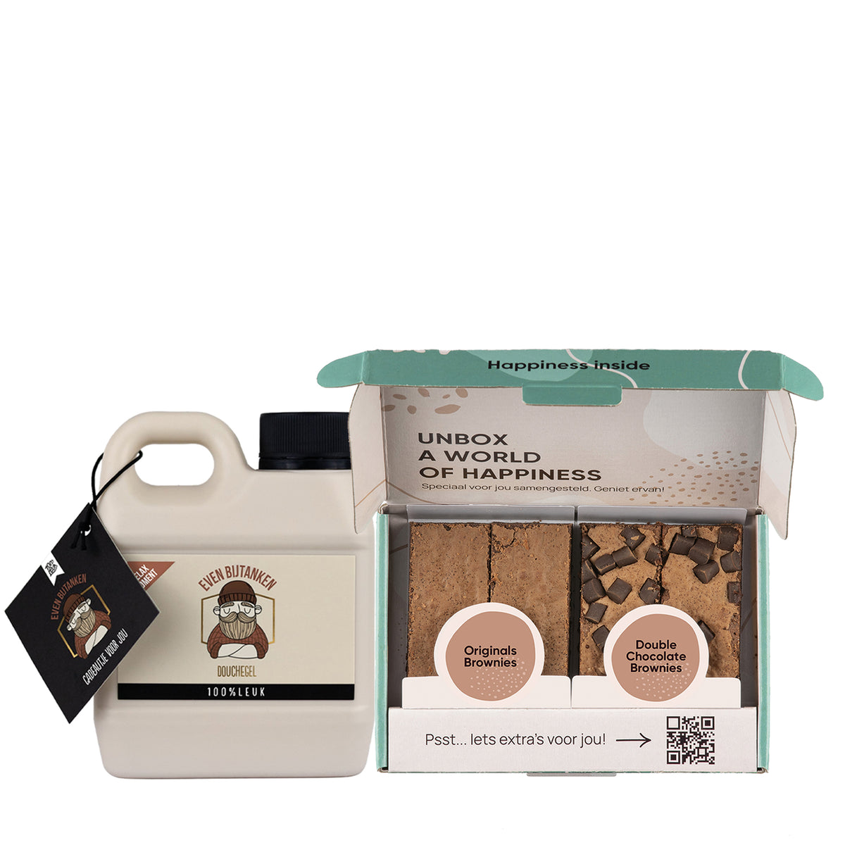 Douchegel en brownies op witte achtergrond