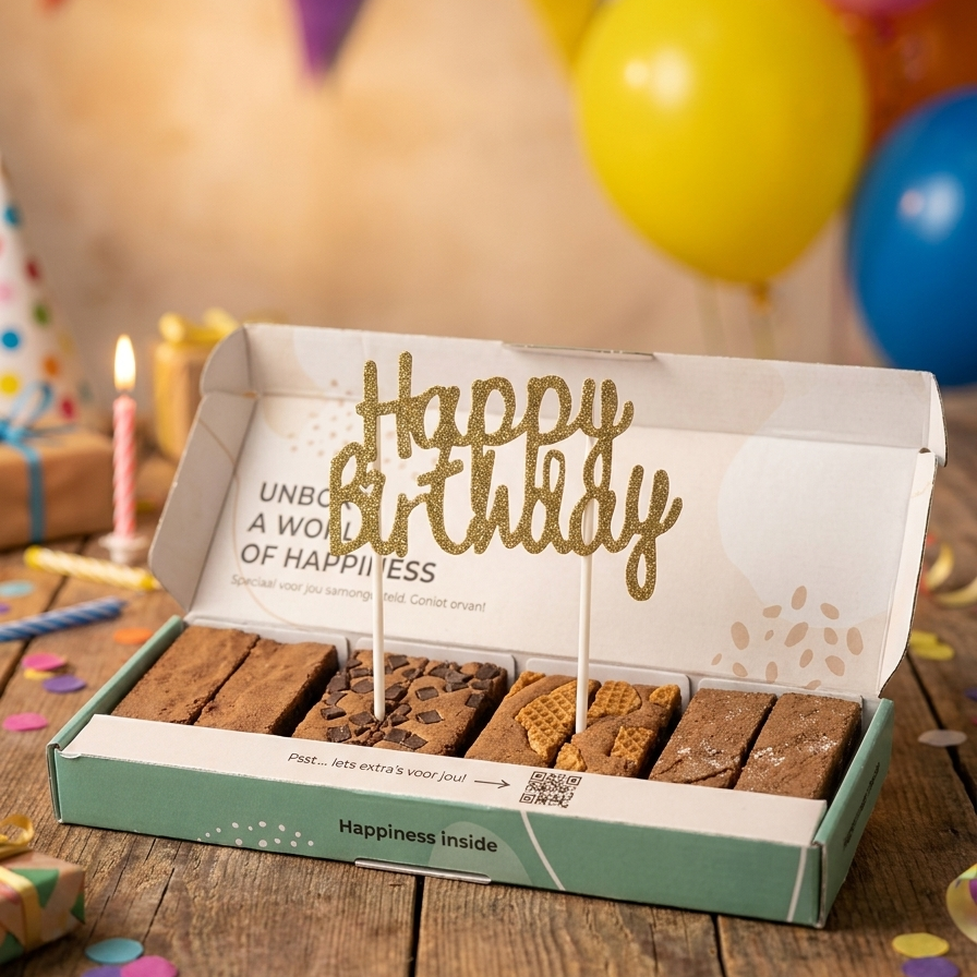 happy birthday taarttopper in brownies in feestelijke sfeer