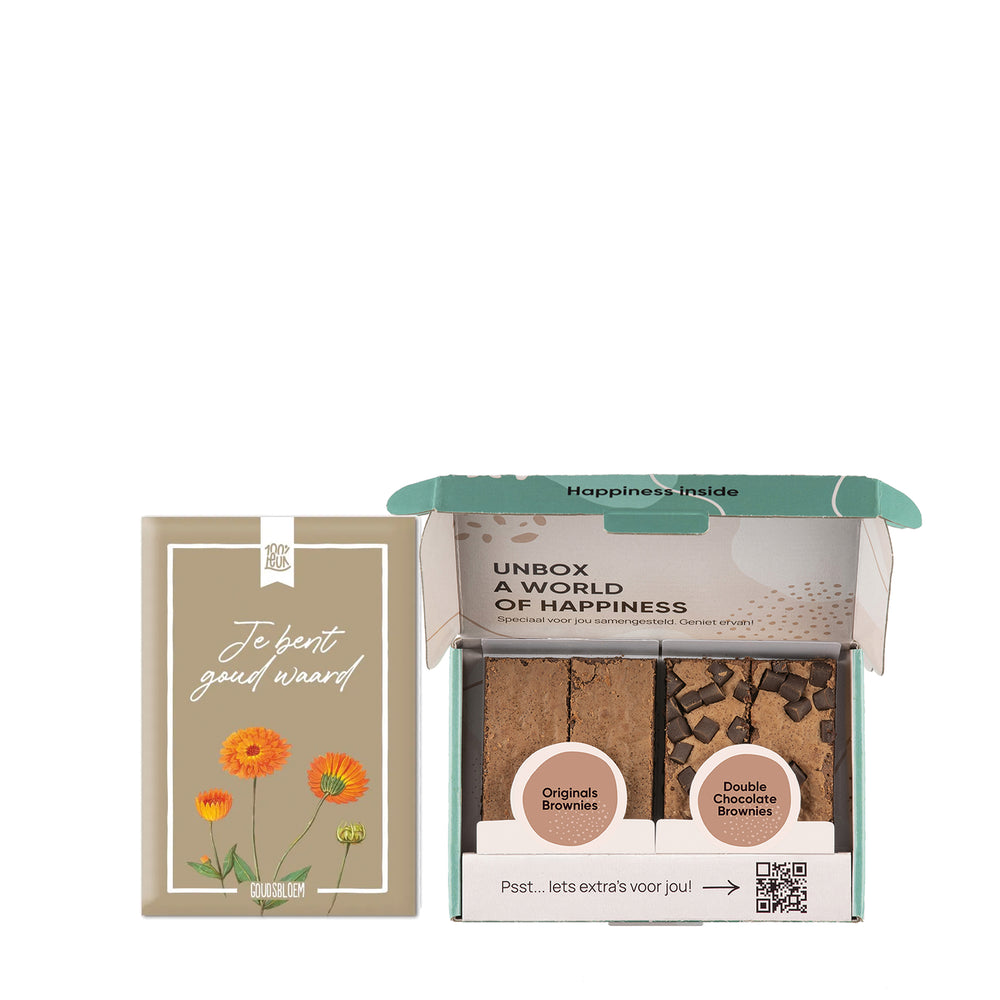 Browniebox met double chocolates en originals en jij bent goud waard bloemzaadjes