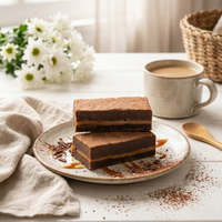 karamel zeezout brownie op een bord met kopje koffie erbij