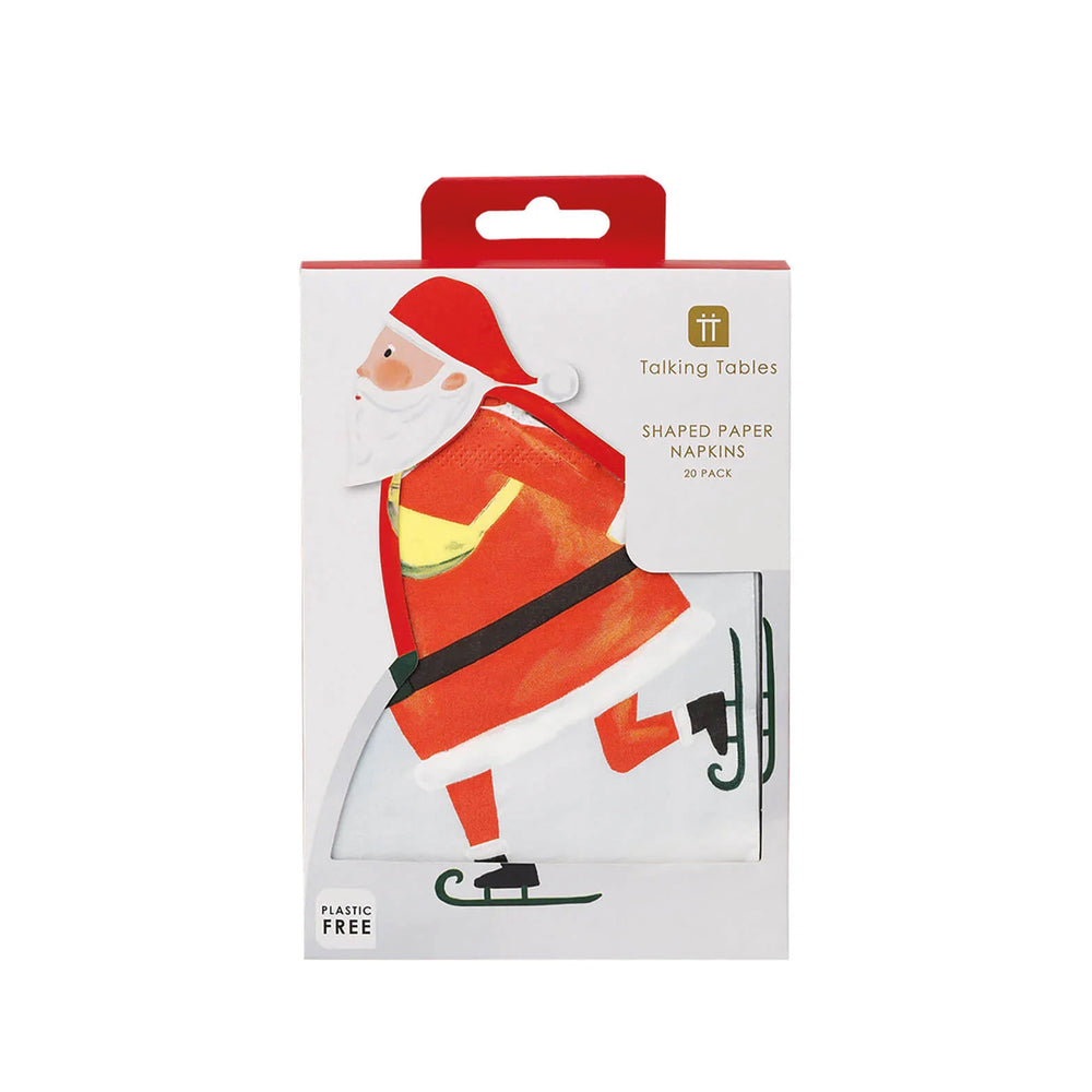 Een doosje met servetten met schaatsende kerstman op een witte achtergrond.