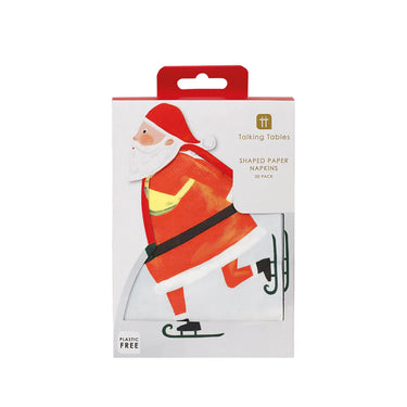 Een doosje met servetten met schaatsende kerstman op een witte achtergrond.