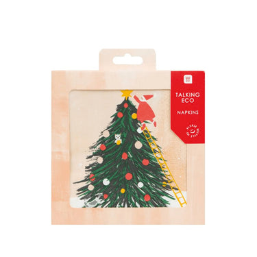 Doosje met servetten met kerstboom erop op witte achtergrond.