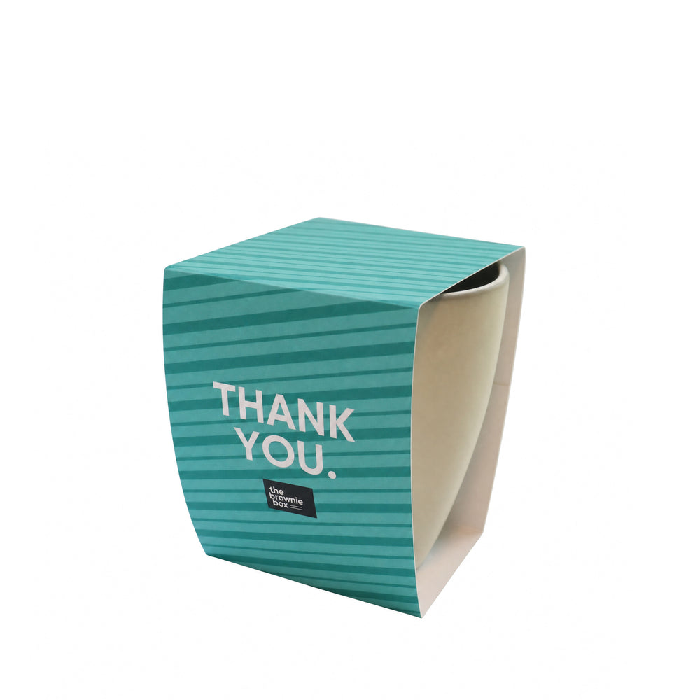 grijze mok met sleeve met de tekst 'thank you'