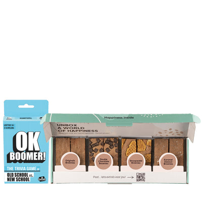 Pocketversie spel Ok Boomer! van Goliath met een brownie box met 8 brownies