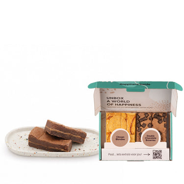 Incl. feestelijk gebaksbordje: Vieren met brownies