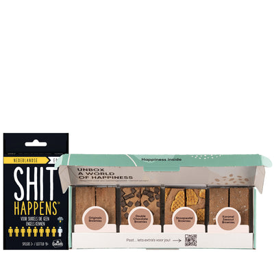 Pocketversie spel Shit Happens van Goliath met een brownie box met 8 brownies
