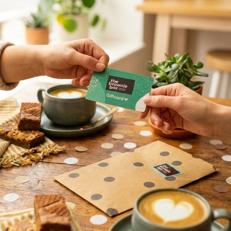 twee handen in gezellig setting met een giftcard in de hand