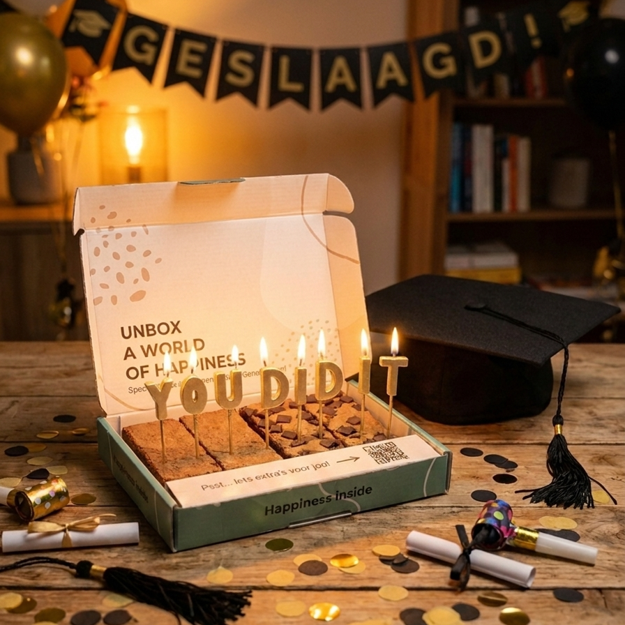 geslaagd met you did it kaarsjes erin op een versierde tafel