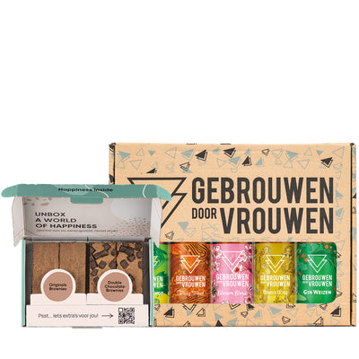 Luxe giftbox met 5 speciaalbiertjes van Gebrouwen door vrouwen met een brownie box met 4 brownies.