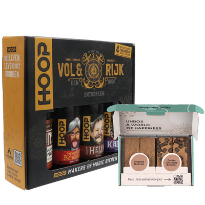Cadeauverpakking met 4 verschillende speciaalbiertjes met een brownie box met 4 brownies.