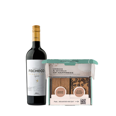 Fles Pacheco rode wijn met een brownie box met 4 brownies