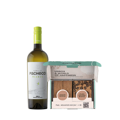 Fles Pacheco witte wijn met een brownie box met 4 brownies