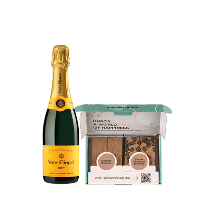 Fles Veuve Clicquot (37,5 cl) met een brownie box met 4 brownies