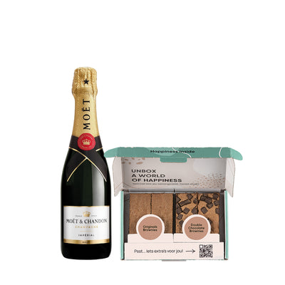 Fles Moët & Chandon Brut (37,5 cl) met een brownie box met 4 brownies