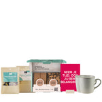 thee, thee filters, brownie box 4 stuks, kaartje neem je tijd. ook jij bent belangrijk in houder en gusta mokken op witte achtergrond