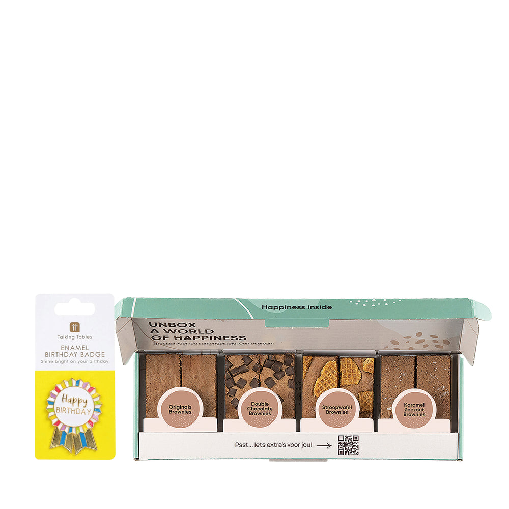 Browniebox met brownies en een birthday badge