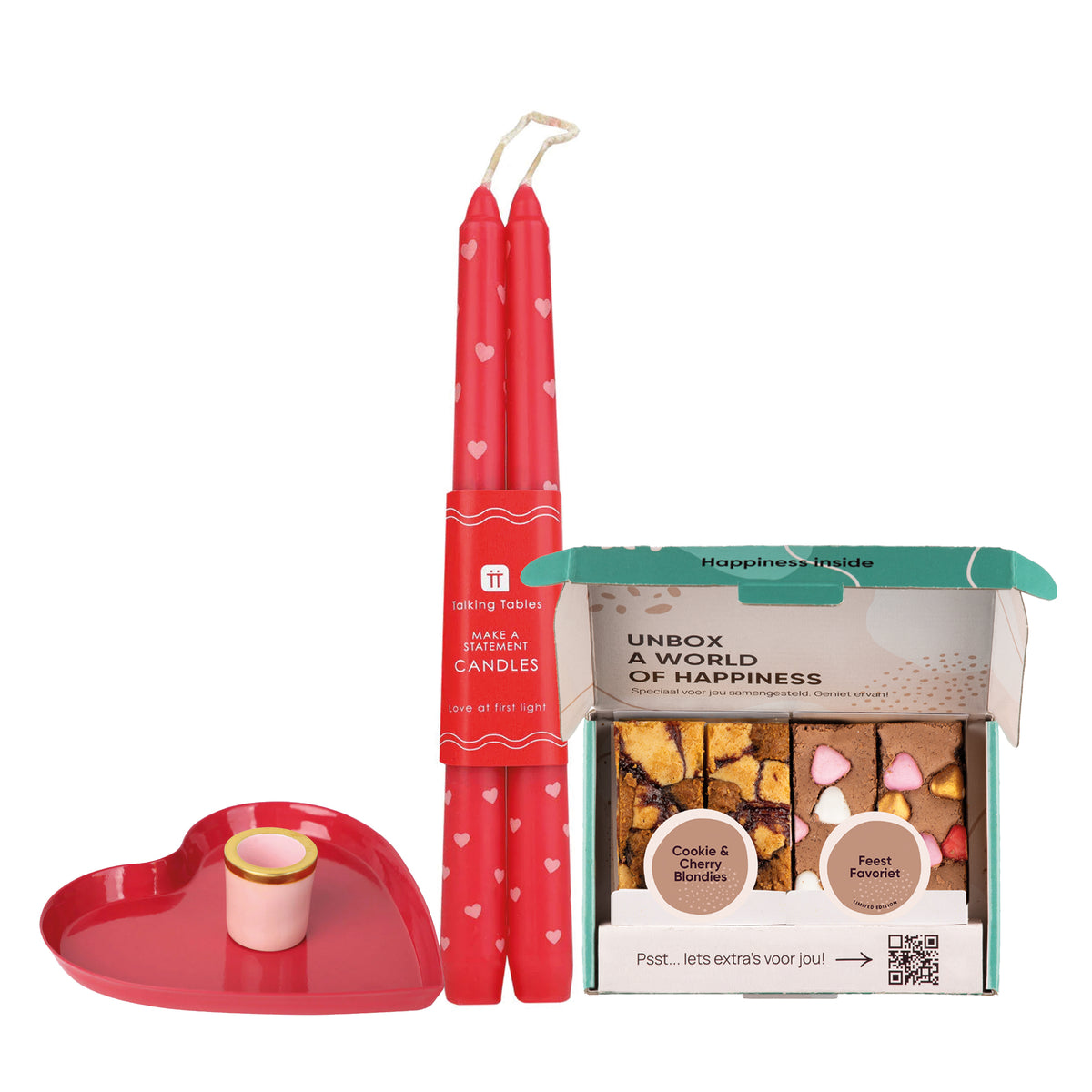 Rode kaarshouder met Valentijnskaarsen en Valentijnsbrownies