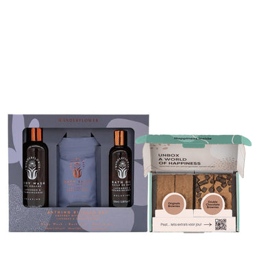 Cadeauverpakking met kalmerende bodywash (200ml), badolie (100ml), badzout (75ml) en brownies.