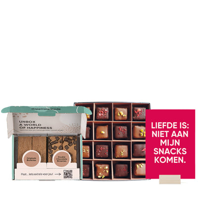 brownies, dubai brownie biets, kaartje liefde is niet aan mijn snacks komen in houder op witte achtergrond
