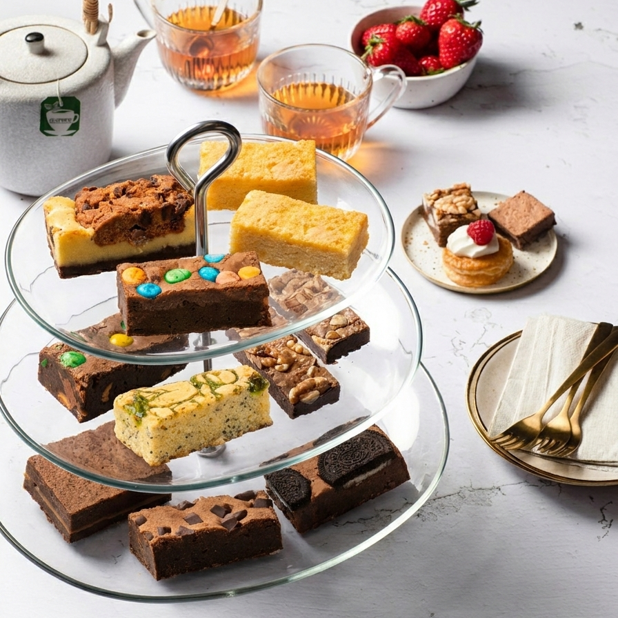 high tea schaal gevuld met brownies
