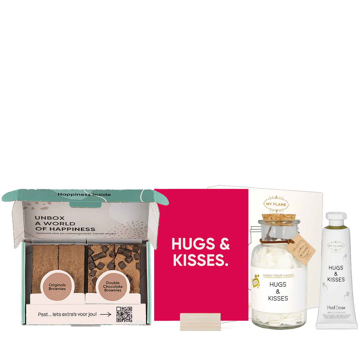Kaart met houten kaarthouder met de kaart "Hugs & Kisses", kaars van MyFlame, handcreme en een brownie box met 4 brownies.
