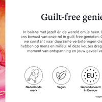 Informatieve afbeelding van Therme over guilt-free genieten en duurzaamheid, met iconen voor Nederlands merk, vegan verzorgingsproducten, productie in Europa en vrij van microplastics.